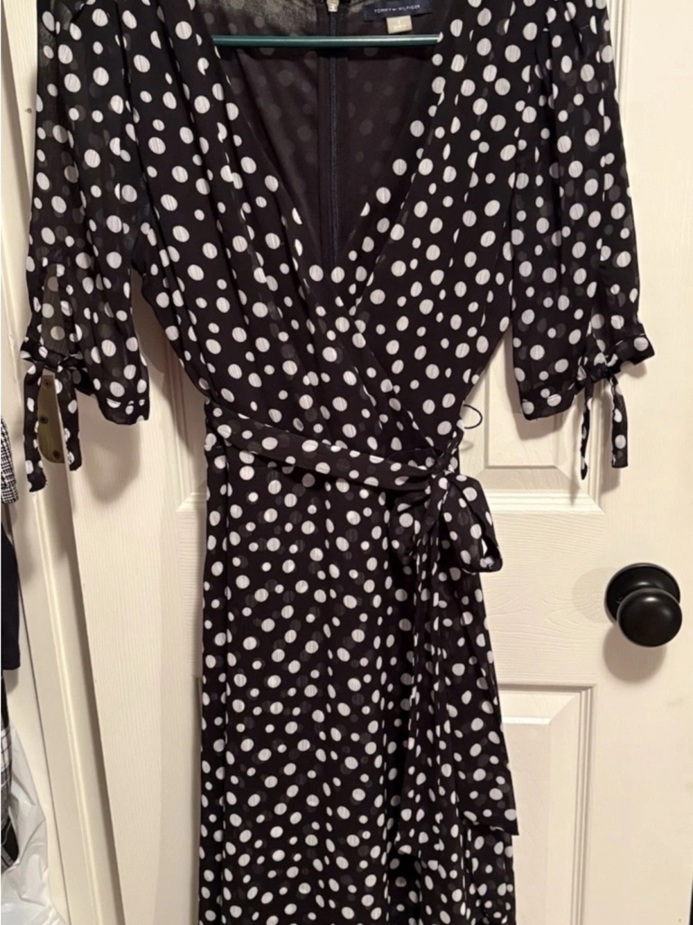 Tommy Hilfiger Black and White Polka Dot Wrap Midi Dress